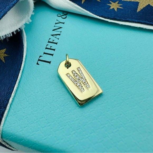 RARE Tiffany & Co. 18K Yellow Gold Diamond Letter W Rectangular Tag Charm - Picture 4 of 9
